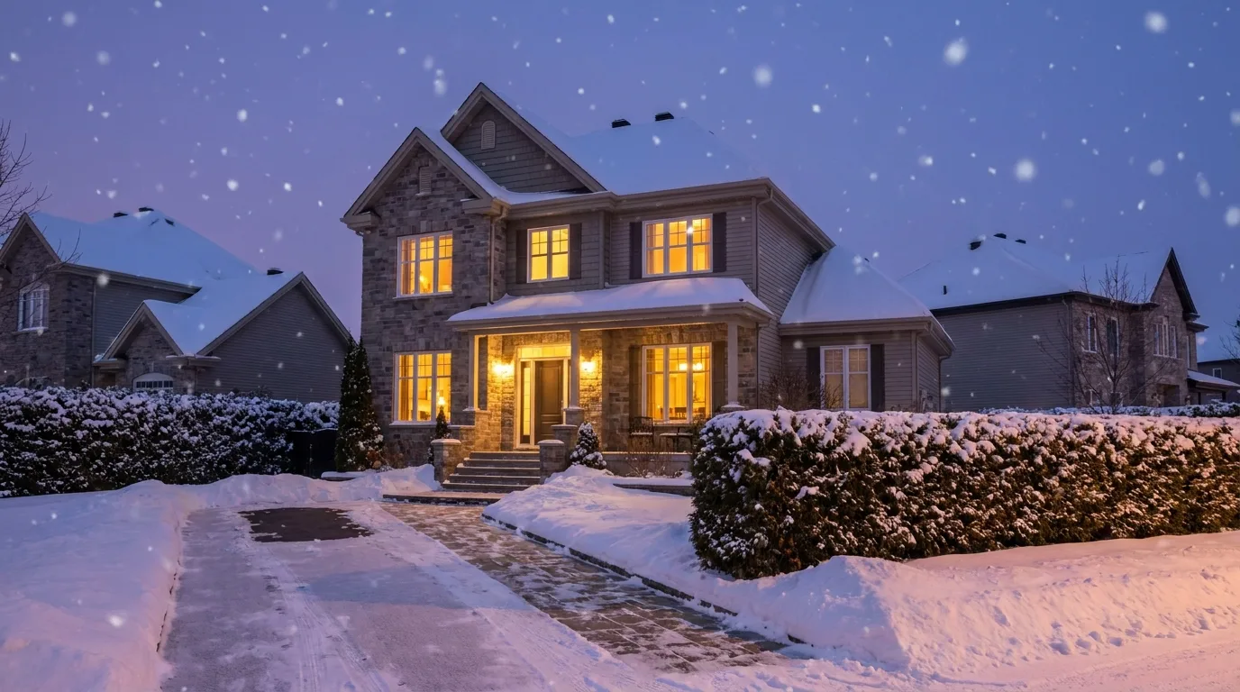 Maison québécoise en hiver avec entrée déneigée
